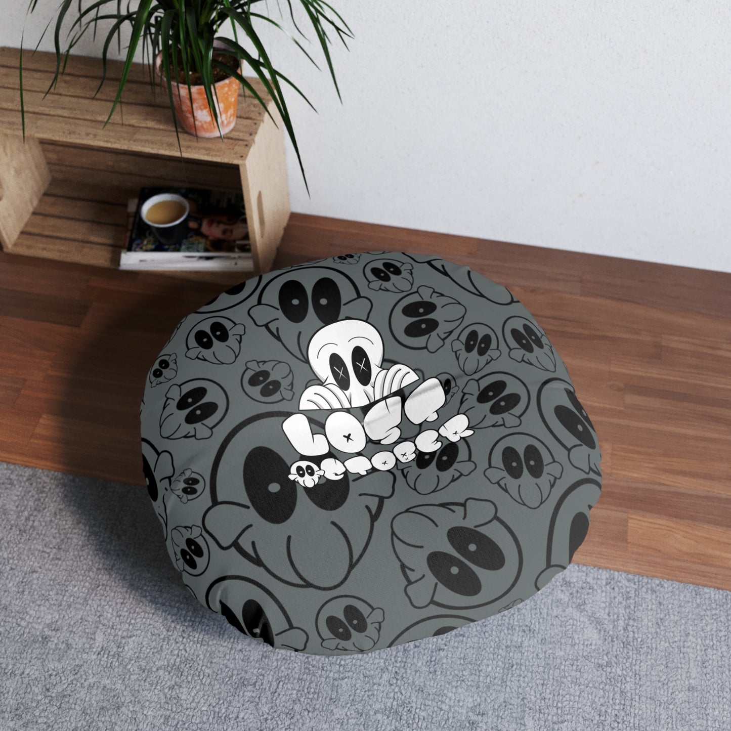 Round Tufted Floor Pillow - Lost October Logo (Grey)